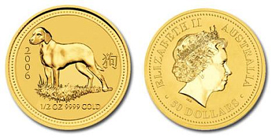 Монета Австралийский Лунар. Год Собаки. 1/2 унции