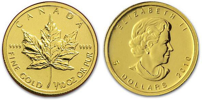 Золотая инвестиционная монета Кленовый лист канадский, золото, 1/10 oz, Канада, 3,1 гр., (0,1 oz)