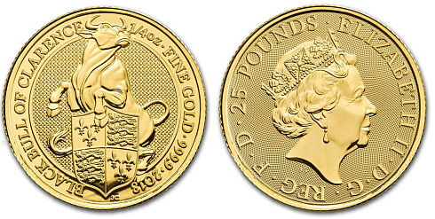Золотая инвестиционная монета Бык, золото, 1/4 oz, Великобритания, 2018, 7,78 гр., (0,25 oz)