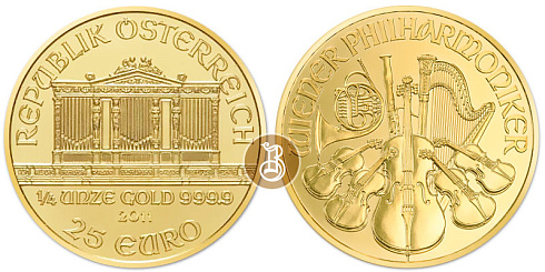 Золотая инвестиционная монета Филармоникер, золото, 1/4 oz, Австрия, 7,78 гр., (0,25 oz)